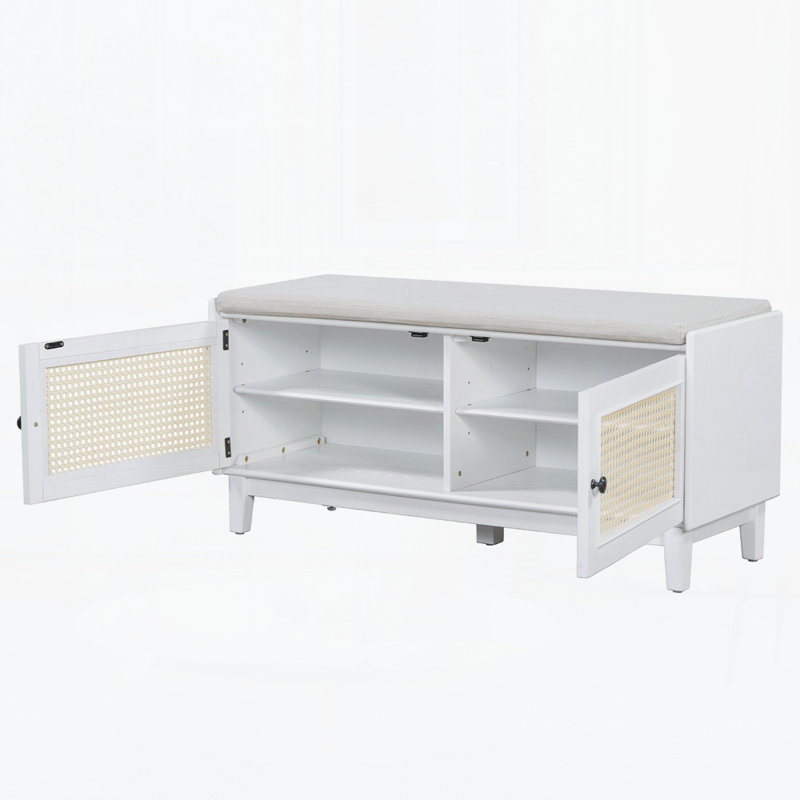 Banc d'entrée en rotin avec rangement Boho, Blanc / beige