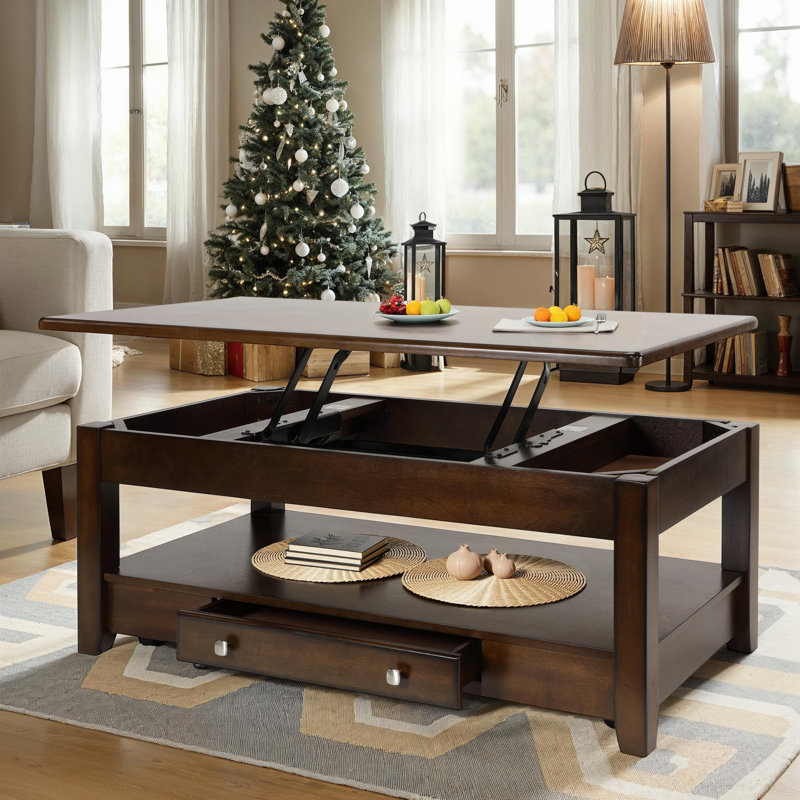 48" Rectangular Lift-Top Coffee Table Dark Cherry Finish with Hidden Storage, Drawer & Open Shelf
