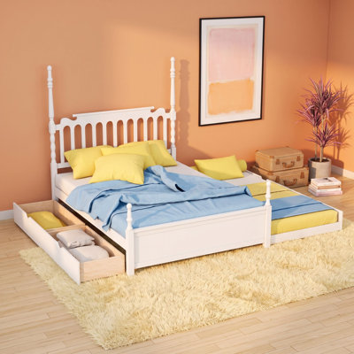 Queen 2 Drawers Wood Spindle Platform Bed with Twin XL Trundle