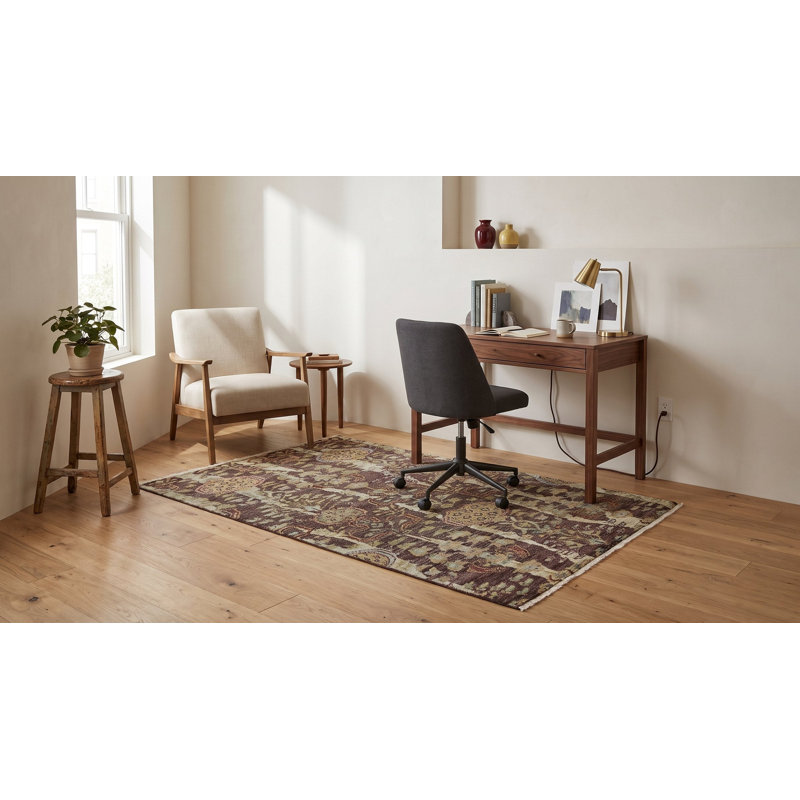 5x8 Brown Hand-Knotted Wool Striated Earth Tones Harshang Crab Modern Contemporary Carpet Rug
