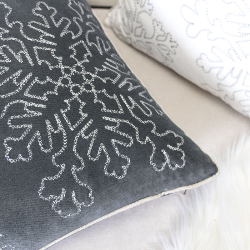 Holiday Embroidered Velvet Throw Pillow, Gray