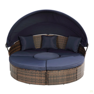 KD Rattan Round Lounge With Canopy Bali Canopy Bed Outdoor, Wicker Outdoor Sofa Bed With Lift Coffee Table