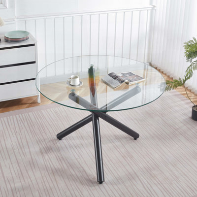 Table de salle à manger noire avec plateau en verre et pieds en métal - 43,3 po x 43,3 po x 29,5 po