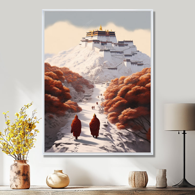 Moines rouges marchant vers le temple enneigé - Paysage d'hiver, Toile encadrée flottée blanche, H 44 po x l 34 po x P 1,5 po