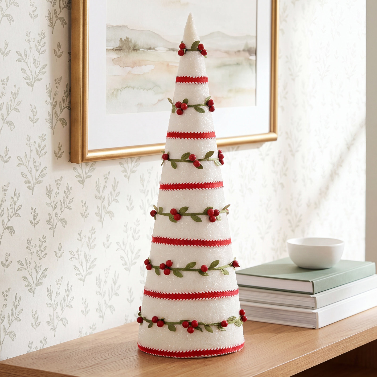 Berry Vine Frosted Cone Tabletop Tree, White Red