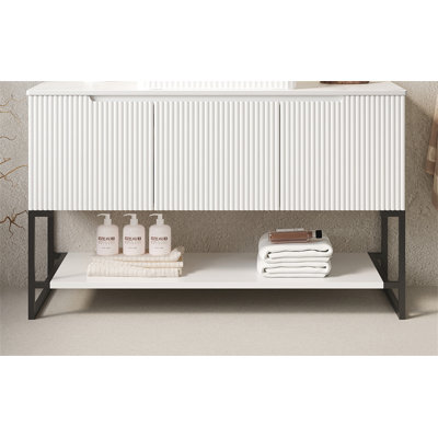 Comptoir et armoire autoportante en pierre frittée blanche Carrara de 48 po avec 3 portes et tablette ouverte TULIO