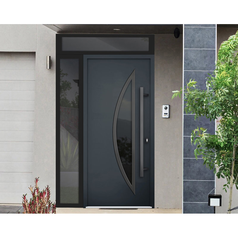 Porte avant en acier pré-suspendue à l'avant / deux 6501 anthracite / fenêtre extérieure latérale et supérieure / inserts en acier inoxydable peints simples modernes - l 36 po x H 80 po + 16 po - Gauche