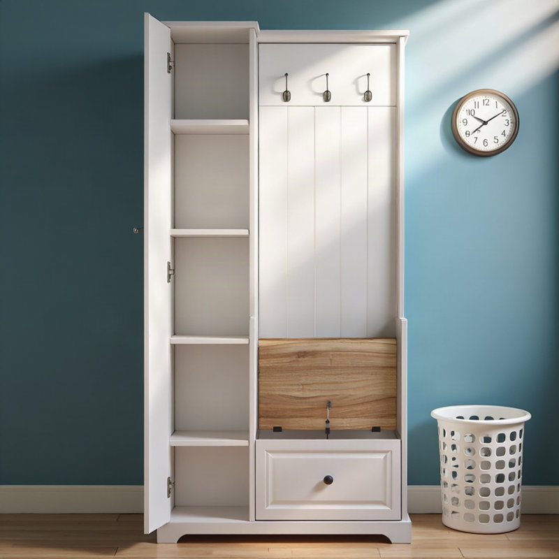 Arbre d'entrée élégant avec banc rabattable, armoire à chaussures minimaliste avec tablettes réglables, mobilier multifonctionnel avec crochets de suspension pour vestibule, vestibule, blanc