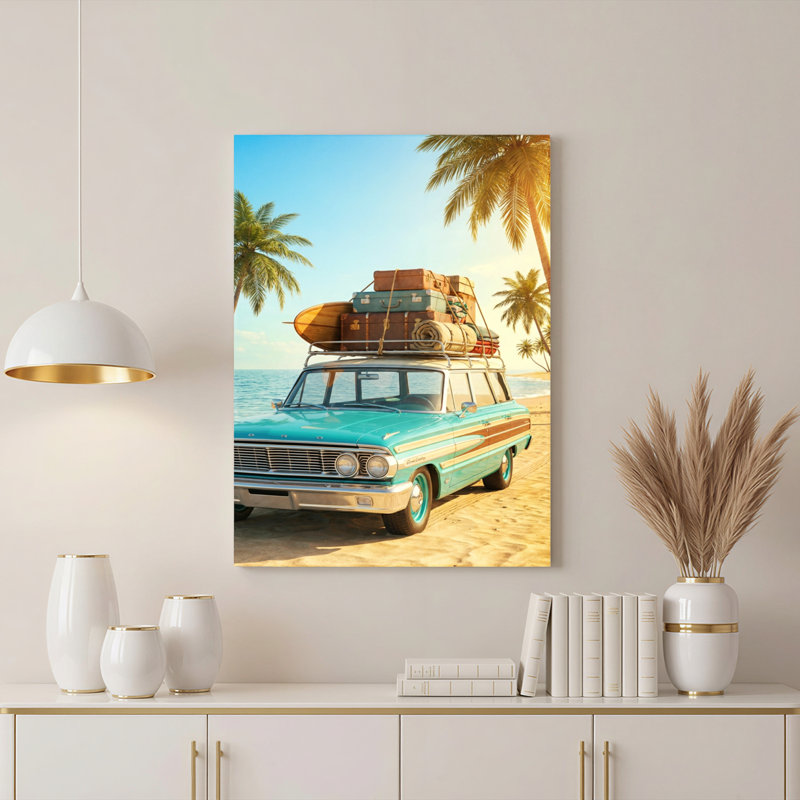 Ensemble de 1 tableau sur toile tendue représentant une scène de plage avec une voiture d'époque, 2436