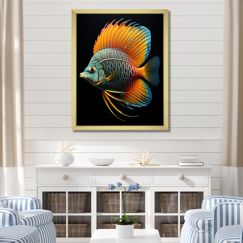 Magnifique poisson papillon bleu et orange VI - salon d'art mural plage et océan, Cadre photo doré simple
