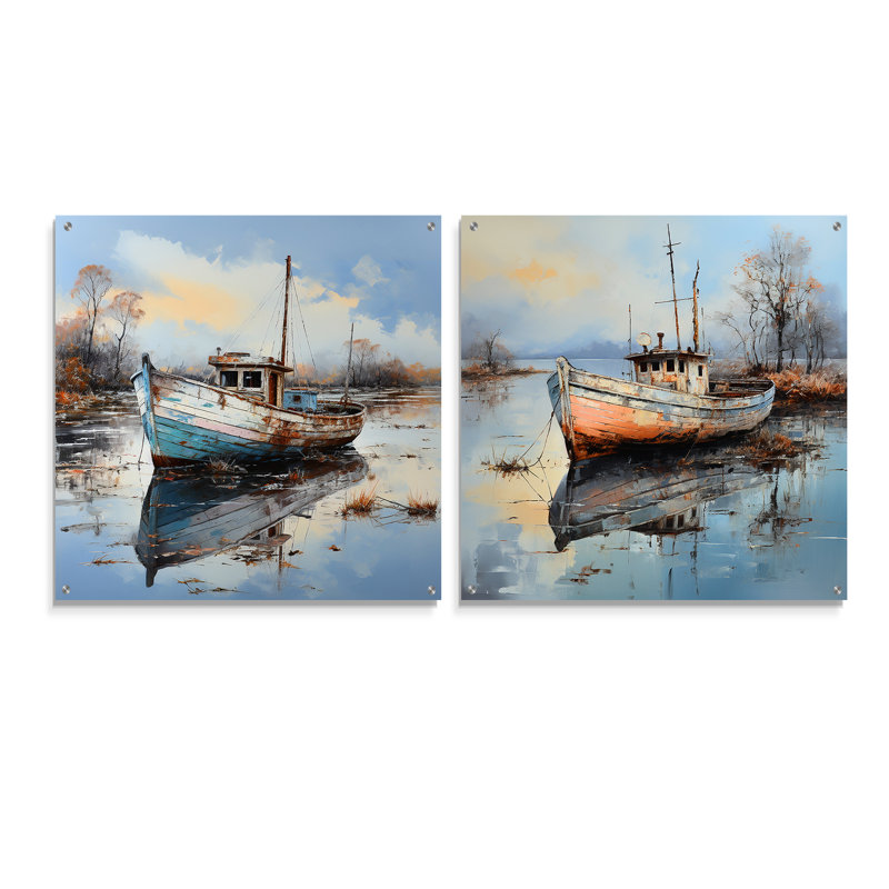 «Boat Charm In Winter» - ensemble de 2 peintures murales en acrylique, H 16 po x l 33 po