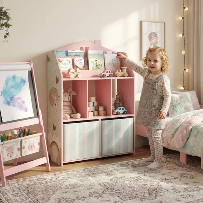 Organisateur de rangement pour jouets avec bibliothèque, étagères ouvertes et tiroirs en tissu Pink House-Shaped Kids