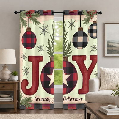 2Pcs Christmas Joy Plaid Pattern Curtains, Festive Holiday Theme Grommet Drapes, Buffalo Check Ornament Printed Window Treatment for Bedroom Living Room Decor