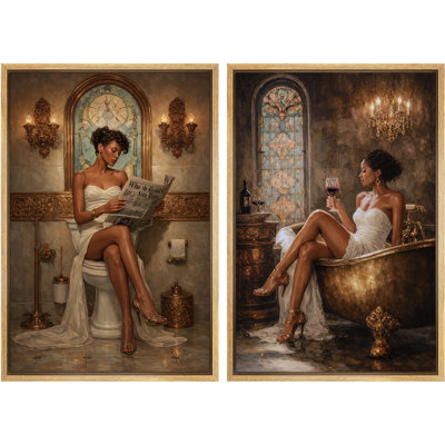 Luxueuse scène de salle de bain femme lisant un journal rétro chic, décoration murale intérieure pour chambre à coucher, salon, toile encadrée, chambre principale, œuvre d'art 2 pièces