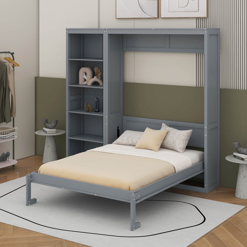 Grand lit escamotable avec tablettes, Gris