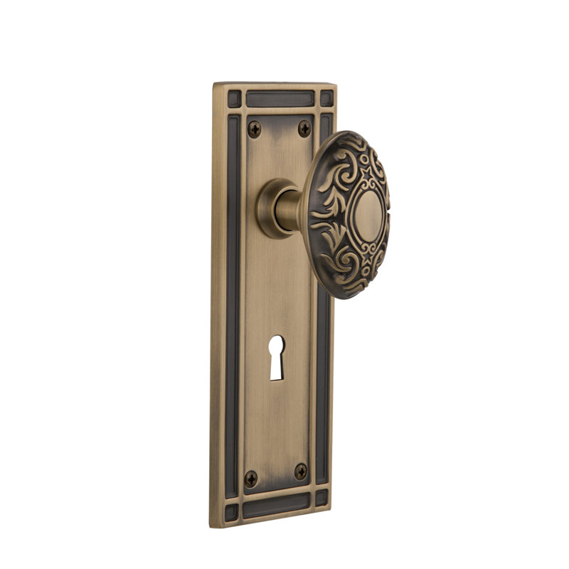 Victorian Interior Mortise Door Knob with Mission Long Plate, Antique Brass