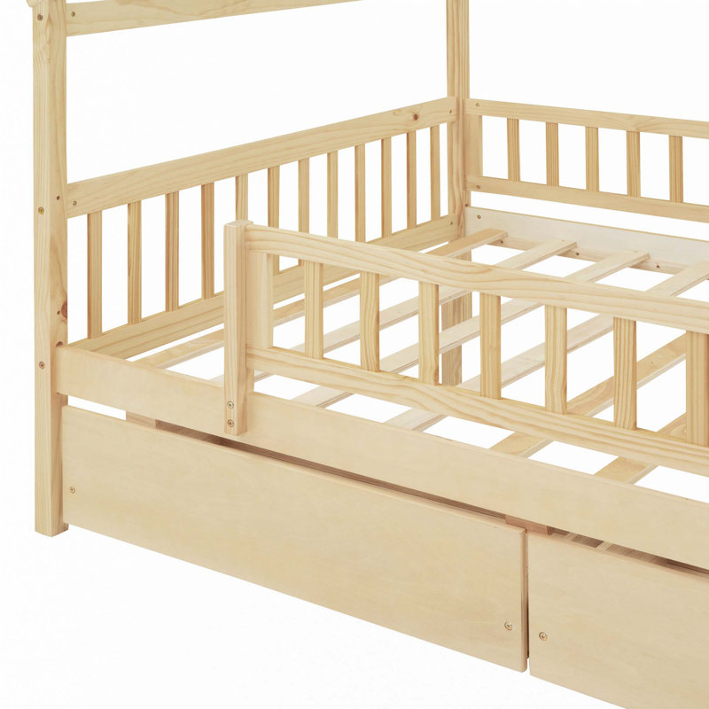 Lit en bois avec deux tiroirs, Naturel, Double