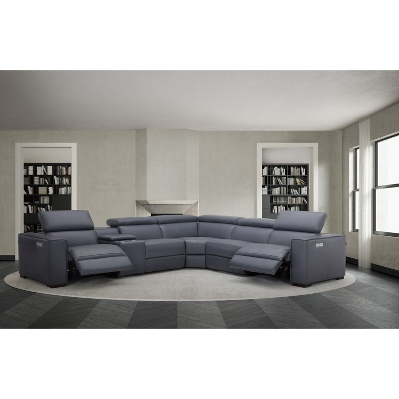 Graddy 138" Wide Genuine Leather Reversible Reclining Corner Sectional, Blue/Gray Genuine Leather