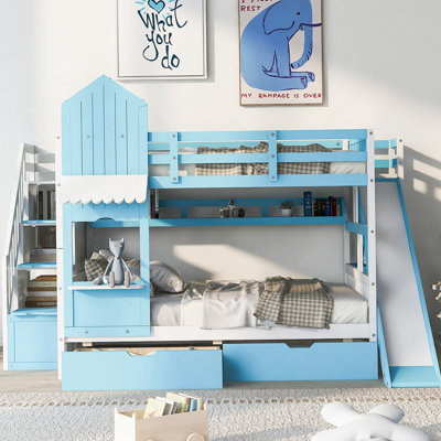 Full-Over-Full Castle Style Bunk Bed With 2 Drawers 3 Shelves And Slide - Blue(OLD SKU:LT000558AAC-2)