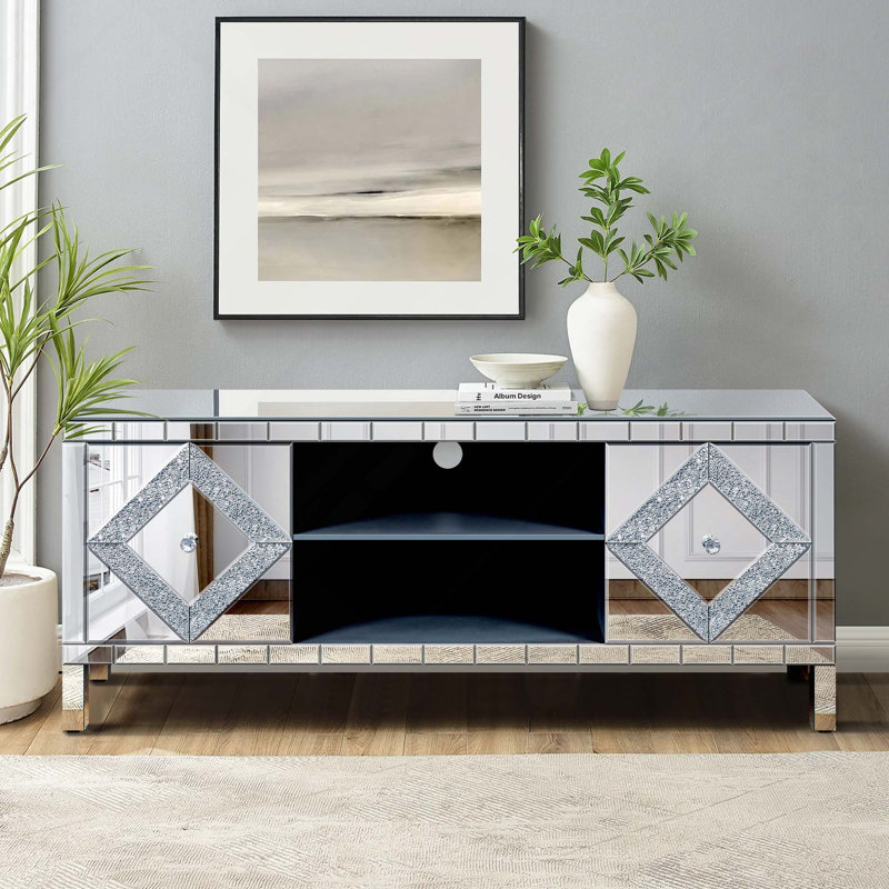 Console multimédia moderne avec portes en miroir en forme de diamant et espace de rangement ouvert, 47" W