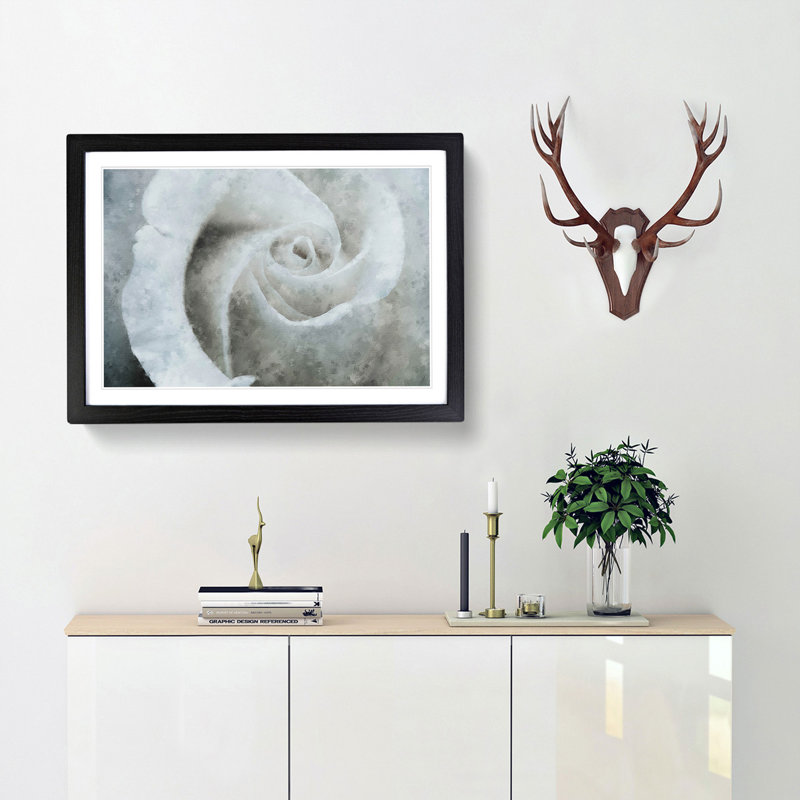 White Rose - Single Picture Frame Painting on MDF, 62cm H x 87cm W x 2cm D, Black Framed