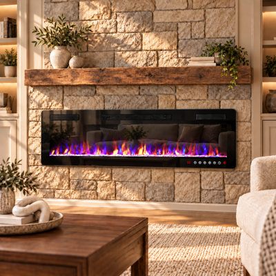 Recessed & Wall Mounted Electric Fireplace with Touch Screen & Remote Control, 12 Flame Colors, Crystal Stones, 1-8H Timer, 1500W