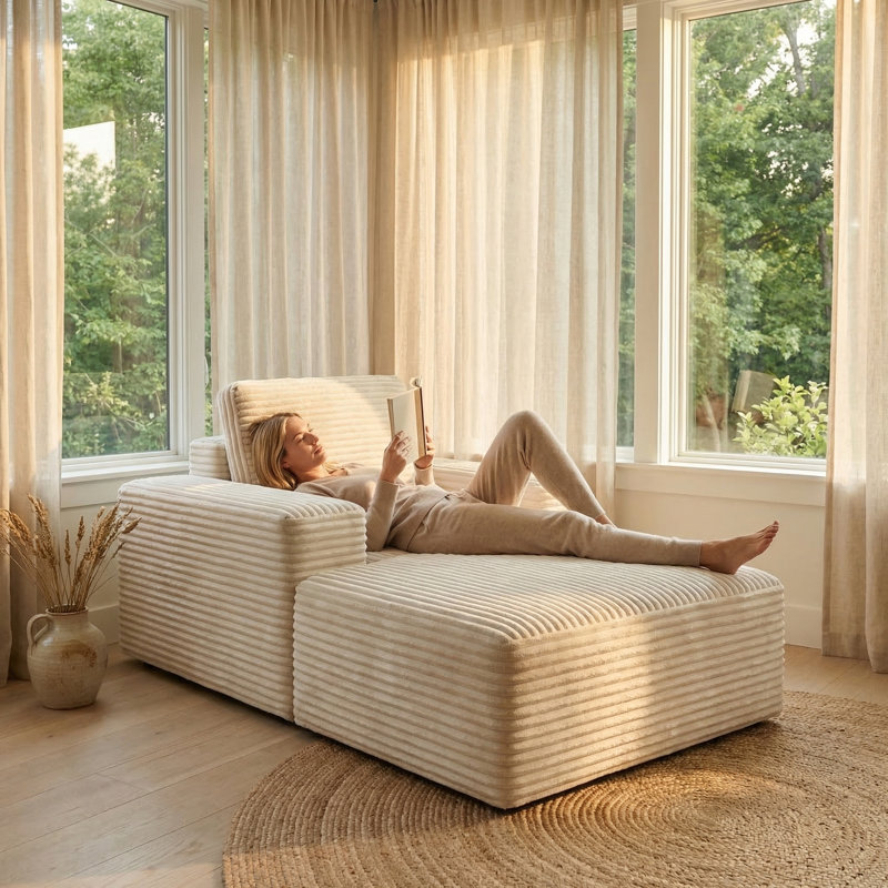 Chaise longue 71 po en velours côtelé à accoudoirs simples pour salon, Blanc