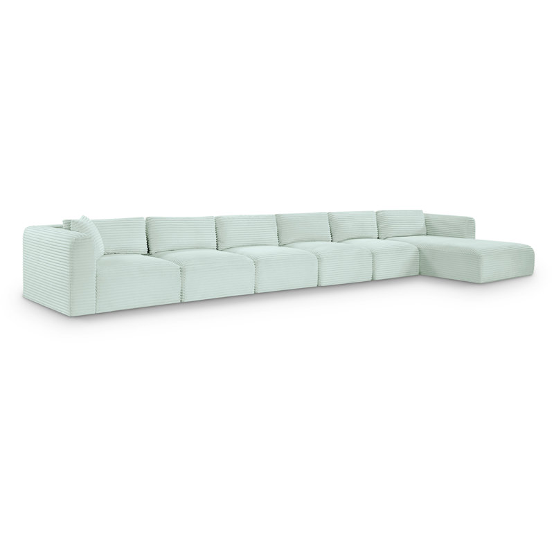 Canapé modulaire en L Carmean Performance, Velours côtelé texturé velours menthe, 4 sans accoudoirs, 1 méridienne, 1 coin
