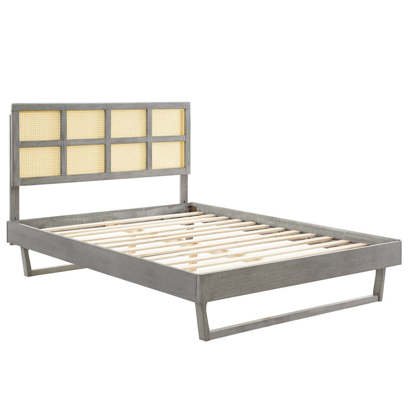 Gray Queen Wood Platform Bed with Cane Headboard
