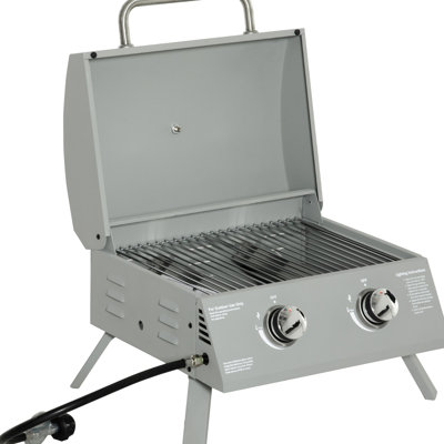 2 Burner Propane Grill Portable Tabletop. Grey. For Outdoor Camping, Picnic, Backyard. Foldable Legs, Lid, Thermometer, Grease Tray. 21.75"L X 18.25"W 16.25"H 2 Grill. Legs For Convenience.