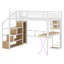 Lit mezzanine en métal avec poste de travail intégré, garde-robe, escalier de rangement et DEL-743284874