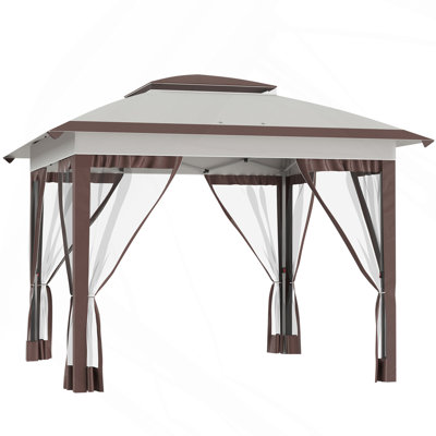 Tente escamotable 12 pi x 12 pi avec filet et sac de transport, abri soleil instantané avec Abat-jour en fibre de verre, tentes pour fêtes, hauteur réglable, pour l'extérieur, jardin, patio, beige et brun