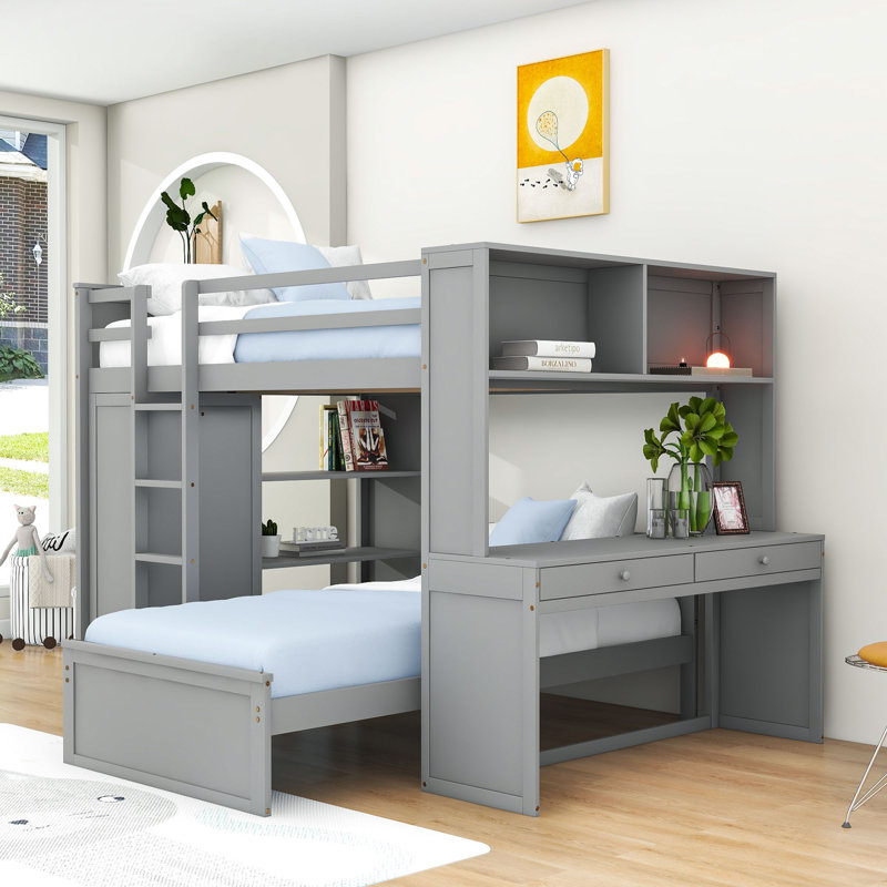 Hockaday Full Over Twin Size Wood Bunk Bed with Shelves,Desk and Wardrobe, Gray