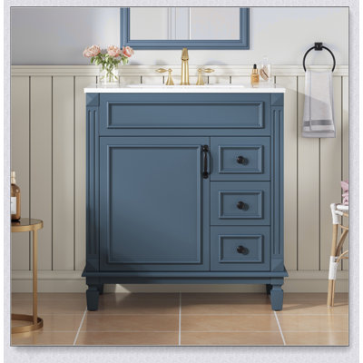 Charmant meuble-lavabo de 30 pouces d'inspiration française avec lavabo en céramique, 2 tiroirs et tablette réglable pour espaces compacts