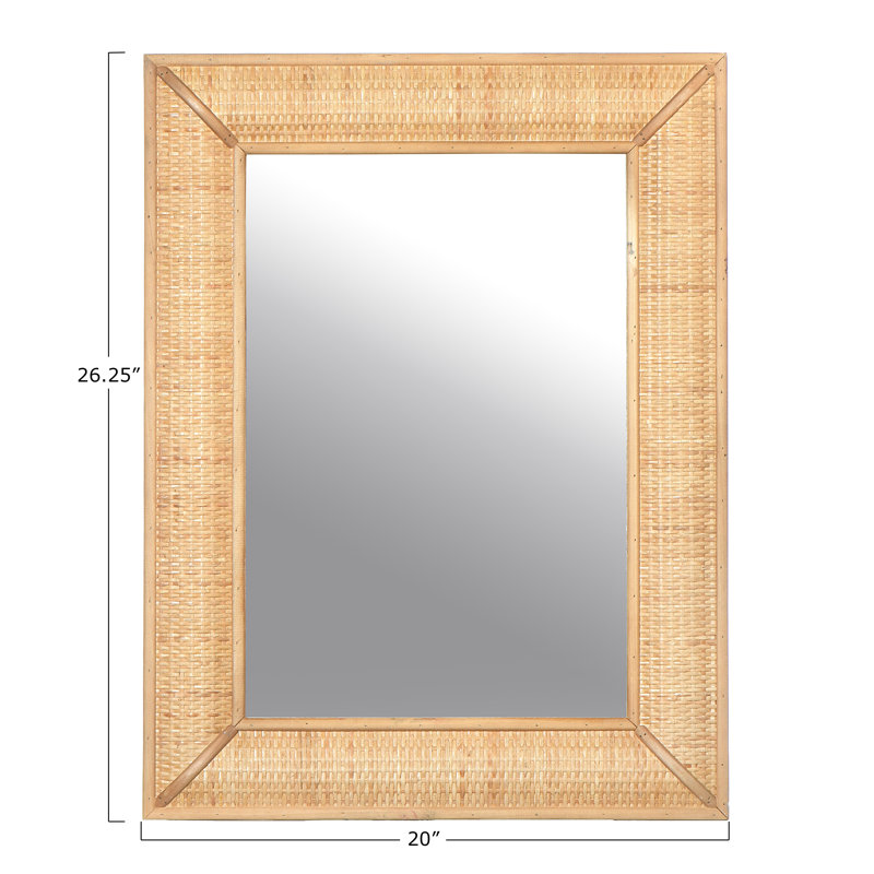 Rectangle Wood Framed Wall Mirror with Rattan Detail, Natural