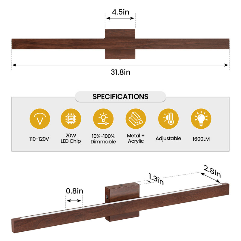 32-Inch 5CCT Dimmable Bathroom Vanity Light, 4.5" H x 31.8" W x 2.8" D, Walnut