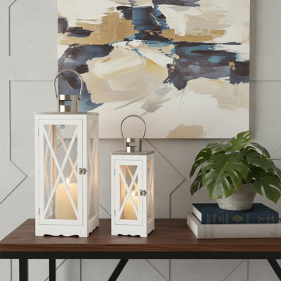 Ensemble de deux porte-bougies de lanterne de plancher en verre transparent et blanc et bois massif