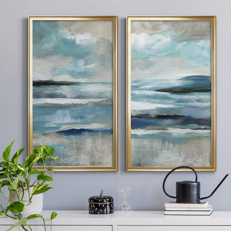 «Distant Drama I», ensemble de 2 peintures sur toiles, H 18,5 po x l 49 po, Toile encadrée, Doré