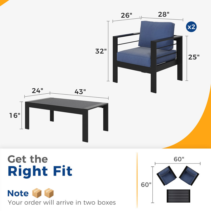 2-person All Aluminum Outdoor Conversation Set With Cushions, Blue, 3 Pcs: 2 Chairs, Coffee Table, Black