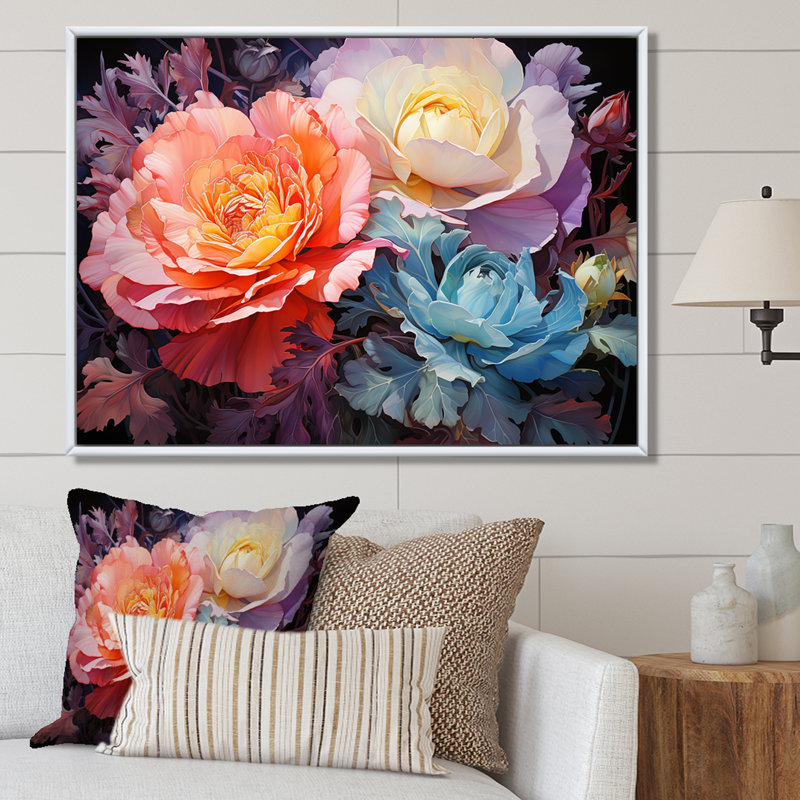 «Peony Petals Elegance I», reproduction sur toile, H 34 po x l 44 po x P 1,5 po, Cadre flottant blanc