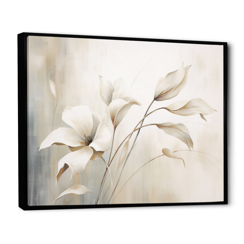 Élégance botanique blanche III - Botanique abstraite, art mural, Cadre flottant noir, H 34 po x l 44 po x P 1,5 po
