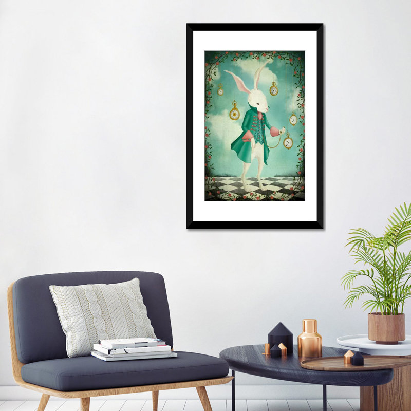 « the white lapin », impression sur toile, H 32 po x l 24 po x P 1 po, Papier avec cadre noir, Blanc