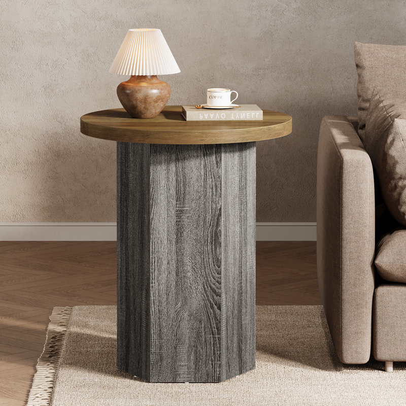 Table de bout ronde, table d'appoint en bois de ferme avec piédestal hexagonal