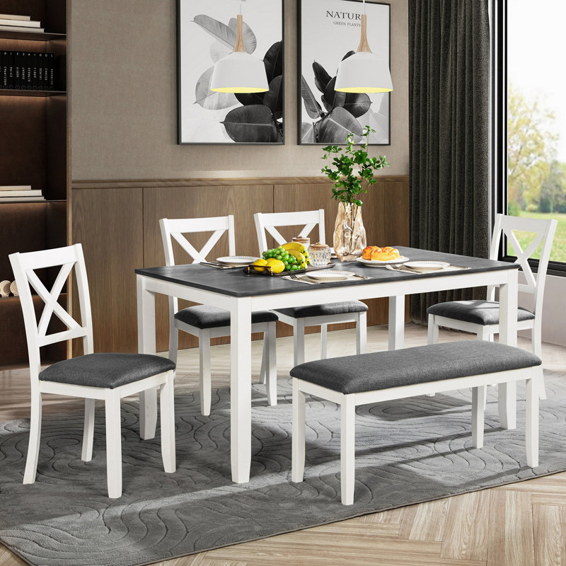 Ensemble de table de salle à manger 6 pièces avec banc, ensemble de table de salle à manger en bois pour 6 personnes, ensemble de table de salle à manger moderne pour 6 personnes pour la salle à manger, cuisine, gris et blanc deux tons