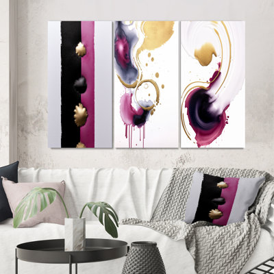 Exquisite Fluidity Black And Gold Ink Clouds II - Abstract Painting Art Set Of 3 Pieces