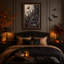 Toile murale d'Halloween avec des fleurs abstraites gris foncé et des reflets orange.-933271847