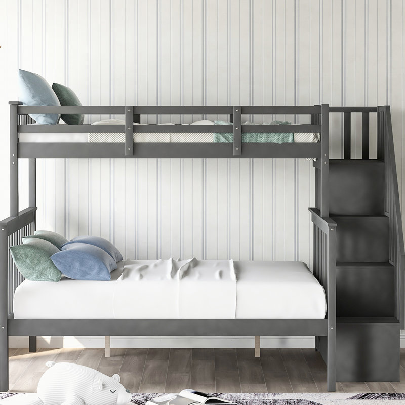 Lit superposé avec compartiments de rangement et barrière de sécurité sécurisée, étable grise pour la chambre à coucher, Gris