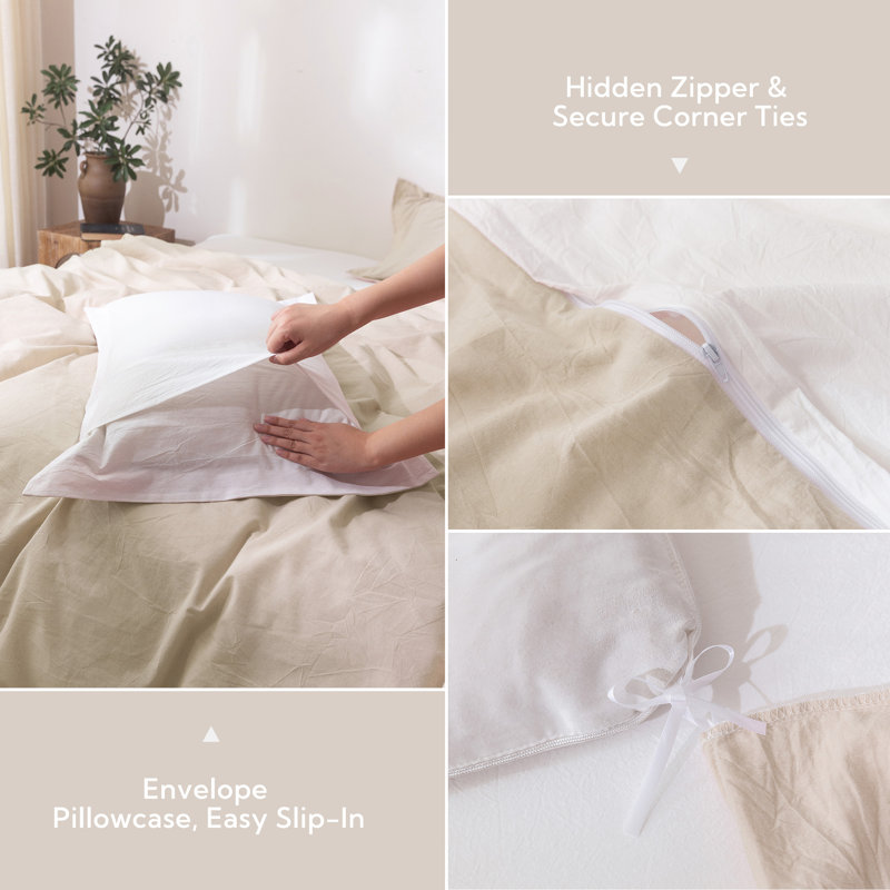 Solayne 100% Washed Cotton Duvet Cover Set with Faux Hemp Texture, Solid Color, Zipper Closure and Corner Ties, Beige
