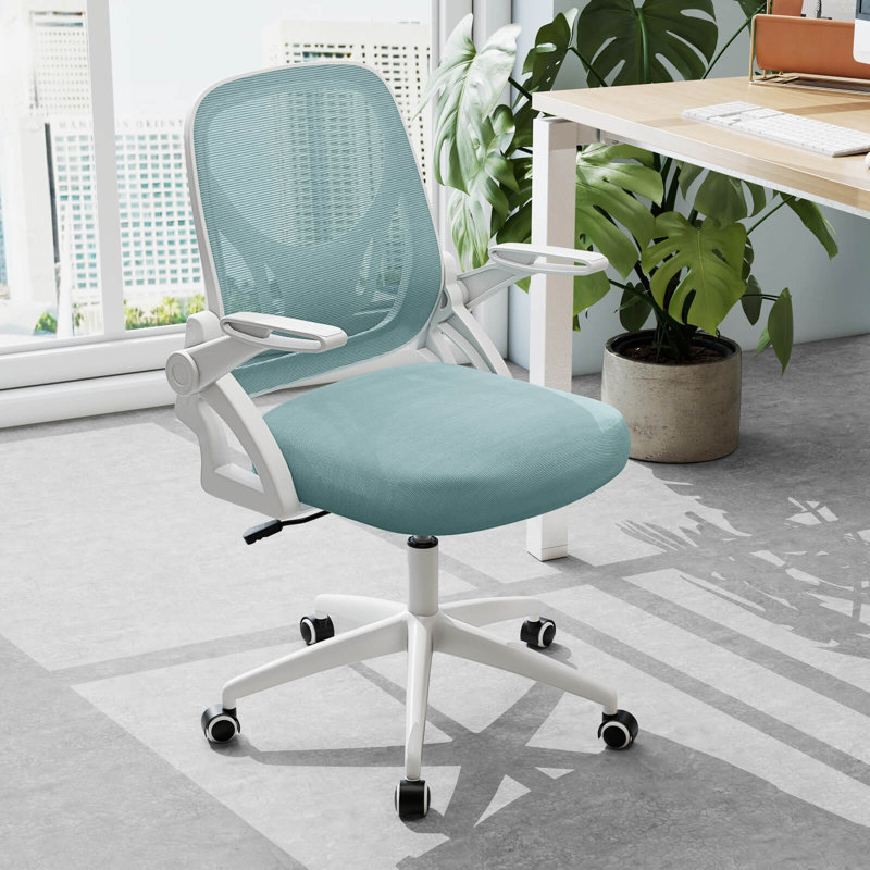 Chaise de bureau en filet avec support lombaire et accoudoirs rabattables à roulettes pour le travail, Blanc, Bleu