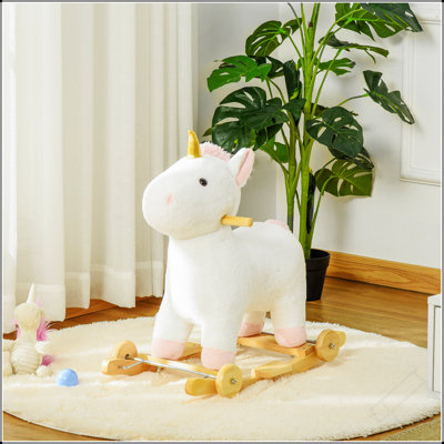 Qaba Rocking Horse, 2 In 1 Kids Ride On Horse, Rolling Unicorn Animal Rocker With Sound, Wooden Base, Pedal, Grip Handle, Plush Riding Pony For 3-6 Years Old